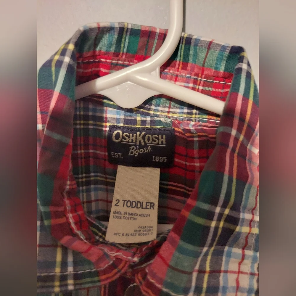 OshKosh B’Gosh Button Down Shirt Size 2T Red Baby Boy Plaid Christmas School